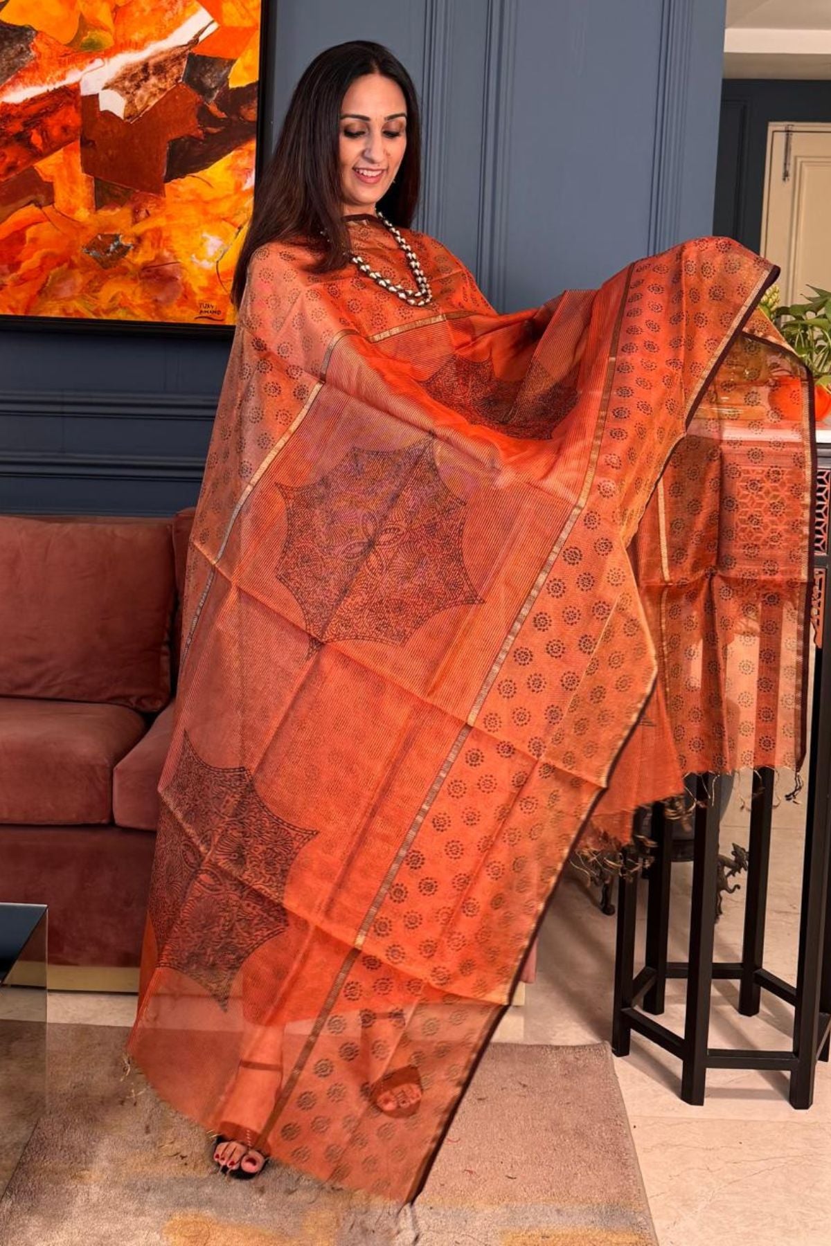 Handblocked tissue Maheshwari kurta dupatta set